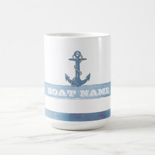 Caneca Mágica Nome de Barco Náutico,Âncora,Corda,Listras Azuis C