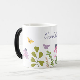 Caneca Mágica Nome Personalizado das Flores de Jardim e Borbolet