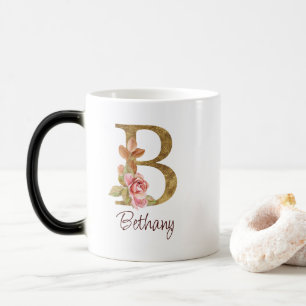 Caneca Mágica Nome Personalizado Folha de Ouro Blush Rosas Cor-d