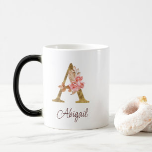 Caneca Mágica Nome Personalizado Folha de Ouro Blush Rosas Rosa 