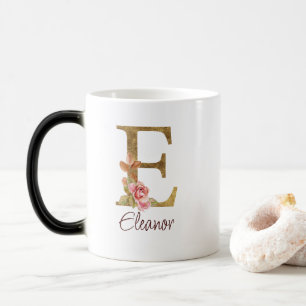 Caneca Mágica Nome Personalizado Letra E Folha Dourada Rosas Ros