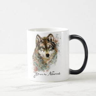 Caneca Mágica Nome personalizado ou Wolf de texto aquarela anima