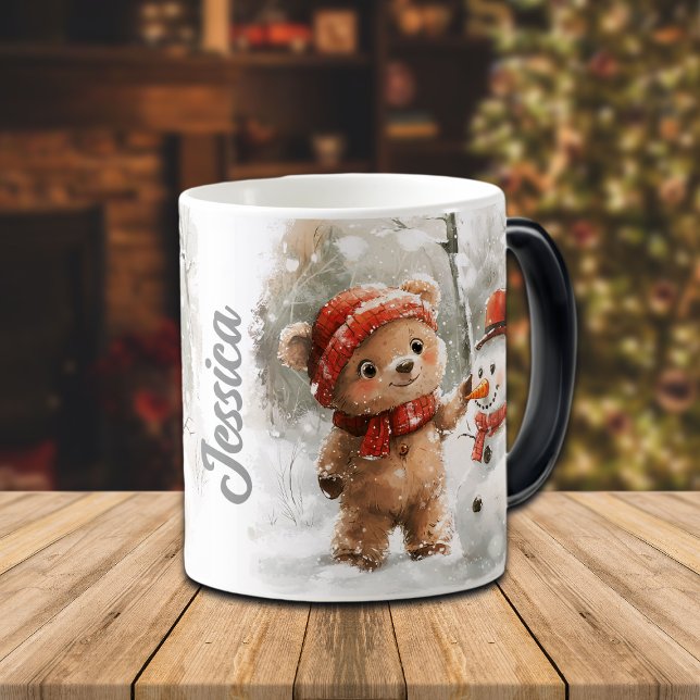 Caneca Mágica Nome Personalizado Urso de Teddy e Neve (Criador carregado)