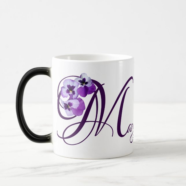 Caneca Mágica Nome personalizável Mary pansy floral boho (Esquerda)