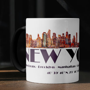 Caneca Mágica Nova Iorque Skyline. Boroughs e coordenadas