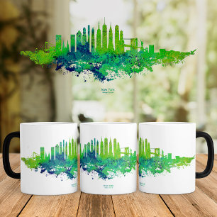 Caneca Mágica Nova Iorque Skyline Watercolor em azul e limão
