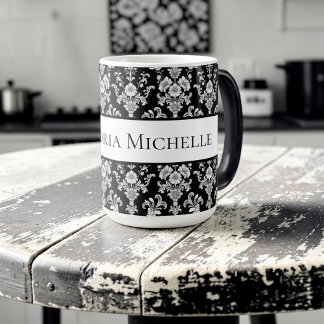 Caneca Mágica Padrão de Damasco Preto e Branco Vitoriano