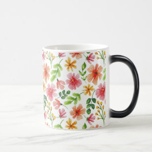Caneca Mágica Padrão de Flores Rosa em Aquarela