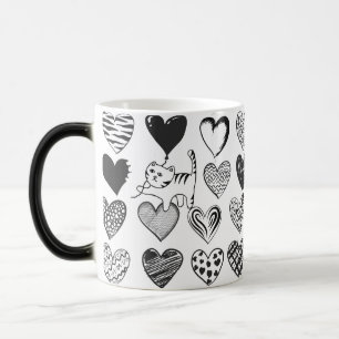 Caneca Mágica Padrão de Gato e Coração Preto e Branco