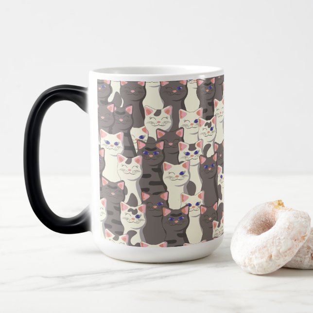 Caneca Mágica Padrão de gatos brancos e cinzas (Com Donut)