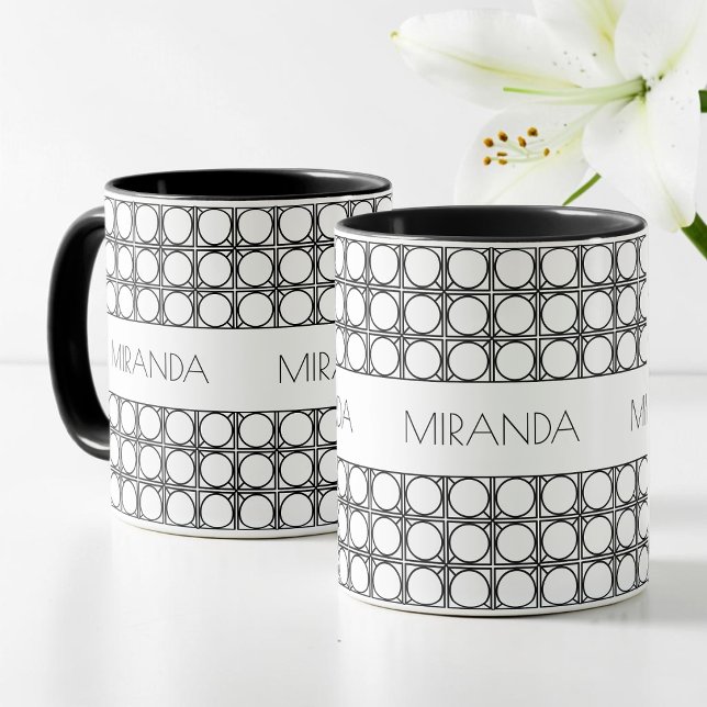 Caneca Mágica Padrão de Rattan Preto e Branco Moderno Personaliz (Personalized Modern Black and White Rattan Pattern Color Morph Mug)