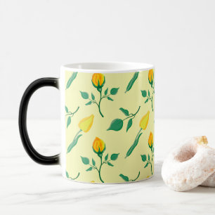 Caneca Mágica Padrão floral com rosa amarela e flores tulipas