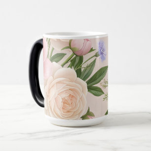 Caneca Mágica Padrão Floral Rosa de Bege Romântico