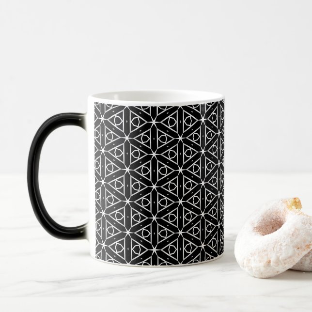 Caneca Mágica Padrão Geométrico Preto Branco e Prata (Com Donut)