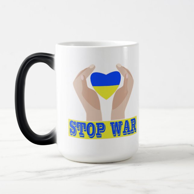 Caneca Mágica Parem com a guerra o coração da bandeira ucraniana (Esquerda)