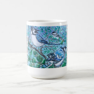 Caneca Mágica Pássaro moderno observando o verdinho amarelo azul