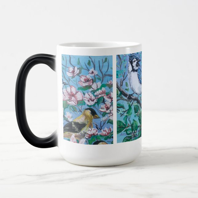 Caneca Mágica Pássaros Amam Arte Pintada com Mão Azul (Esquerda)