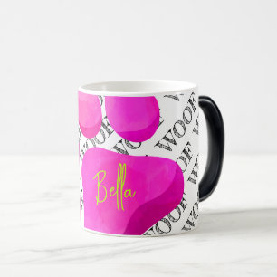 Caneca Mágica Pata rosa WOOF DOG NOME divertimento moderno para 