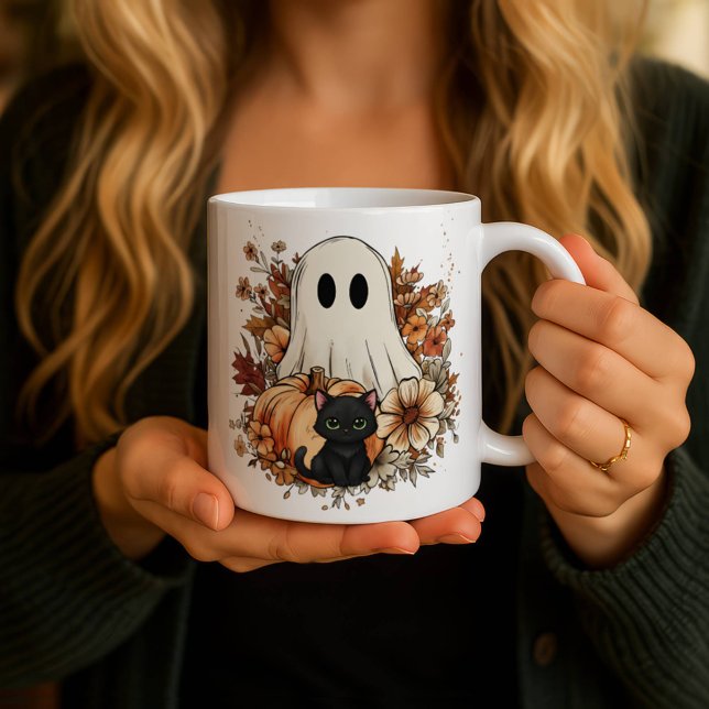 Caneca Mágica Personalized Cute Ghost and Black Cat Autumn Mug (Criador carregado)