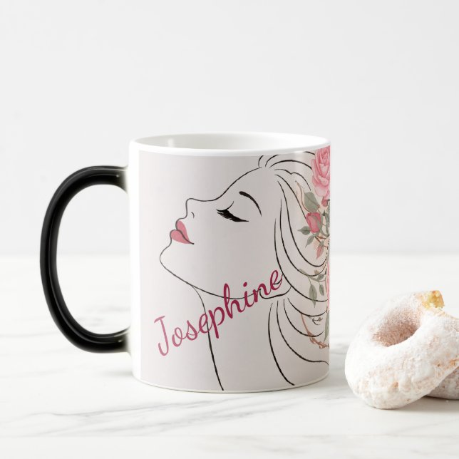 Caneca Mágica Personalized Pink Rose Floral Hair Woman Elegant  (Com Donut)