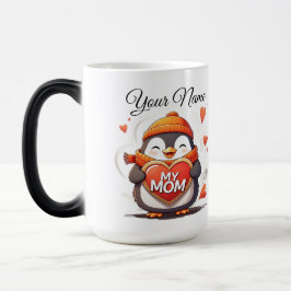 Caneca Mágica Pinguim sorridente segurando o cardíaco MY MOM