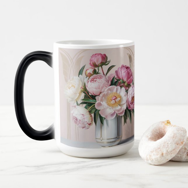 Caneca Mágica  Pink Peonies Art Deco Morphing Mug (Com Donut)