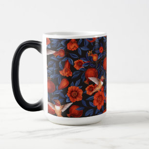 Caneca Mágica Pomegranatos e beija-flores/folhas azuis em preto