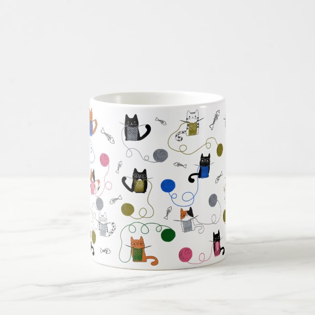 Caneca Mágica Presente para tricô de gatos, Gato com Fios, Gato  (Centro)