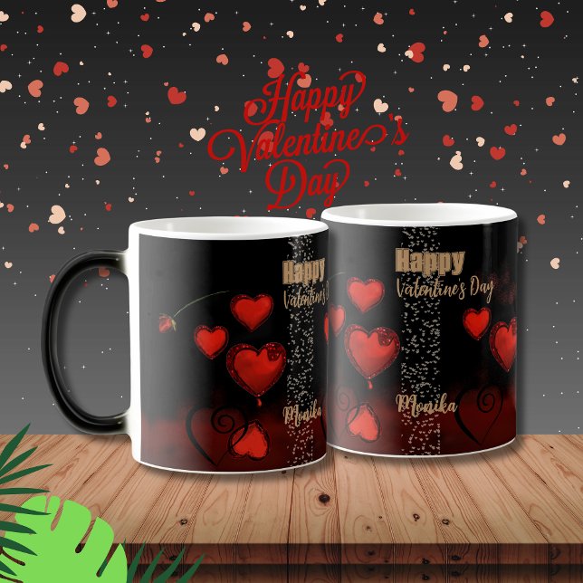 Caneca Mágica Preto com Corações Vermelhos (Black with Red Hearts Magic Mug)