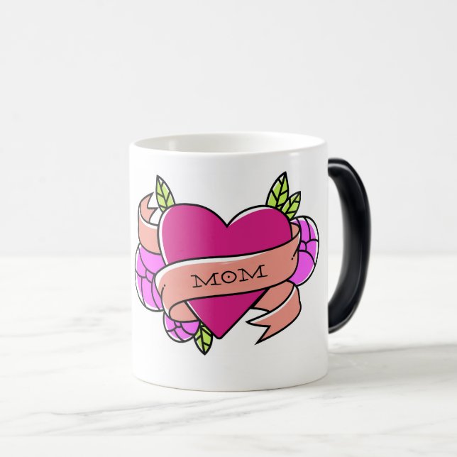 Caneca Mágica Tatuagem Cardíaca MOM Cor-de-Rosa Floral Legal (Frente Esquerda)