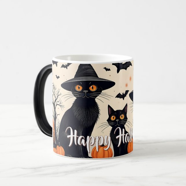 Caneca Mágica Três Gatos Pretos com Chapéus no Halloween (Frente Esquerda)