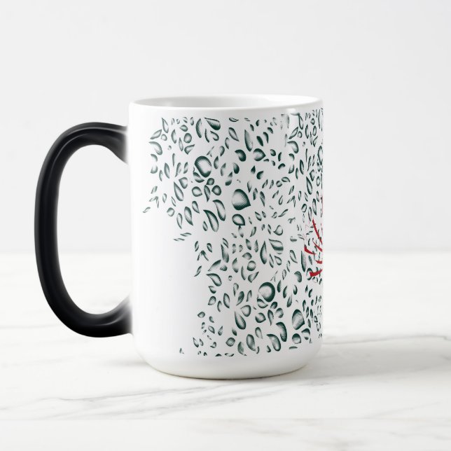 Caneca Mágica uma flor vermelha sobre fundo preto (Esquerda)