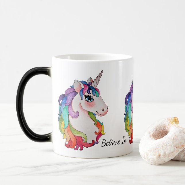 Caneca Mágica Unicórnio da aguarela com cabelo do arco-íris (Com Donut)