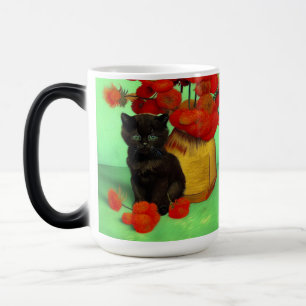 Caneca Mágica Van Gogh Black Kitten Red Flowers