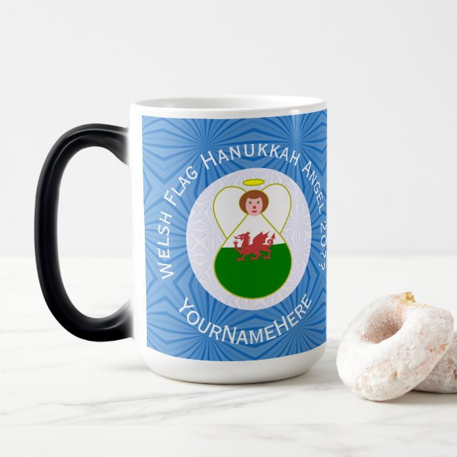 Caneca Mágica Welsh Angel Hanukkah Flag Personalizado (Com Donut)