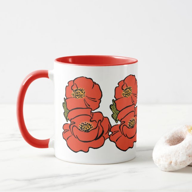 Caneca Mágico de Oz Vintage Papoulas Vermelhas em Flor na (Com Donut)