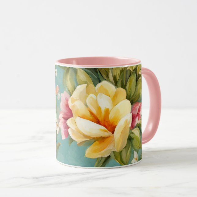 Caneca Magnólia Amarela refinada com flores brancas (Frente Esquerda)