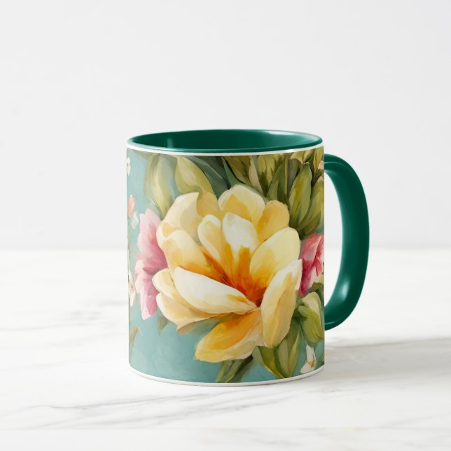 Caneca Magnólia Amarela refinada com flores brancas (Frente Esquerda)