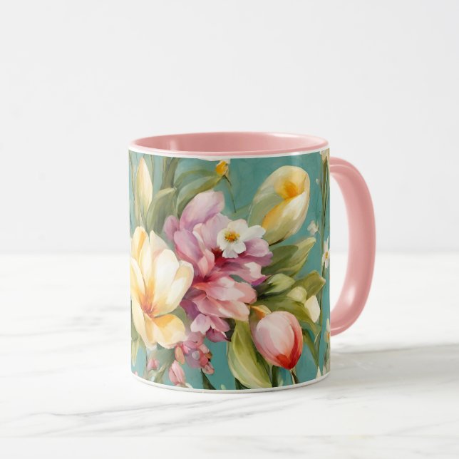 Caneca Magnólia Amarela refinada com flores brancas (Frente Esquerda)