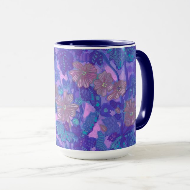 Caneca Mallow Bloom, Malva Flowers Púrpura Floral (Frente Esquerda)