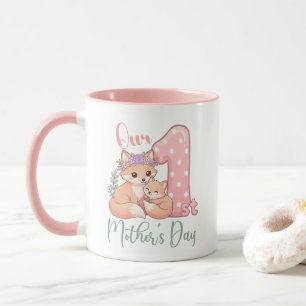 Caneca Mamãe e Bebê Raposa Rosa 1º Dia das Mães