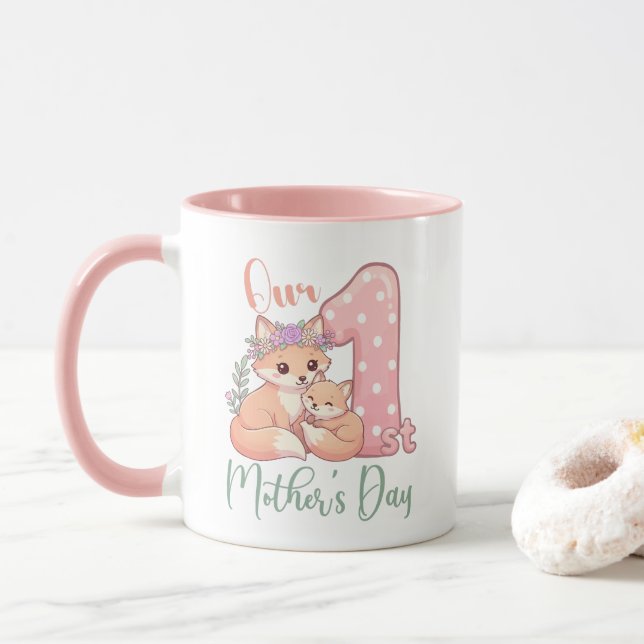 Caneca Mamãe e Bebê Raposa Rosa 1º Dia das Mães (Com Donut)