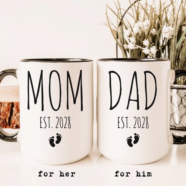 Caneca Mamãe e Papai | Revelação de Bebê com Letra Elegan (Personalized Mom Mug New Baby Shower Gift, Personalized Dad Coffee Mug New Baby Announcement Gift)