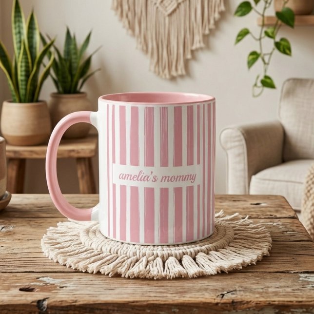 Caneca Mamãe | Faixa Rosa Personalizada Anúncio de Bebê M (personalized new mom dad mug, baby announcement coffee mug, first time dad mom mug,)