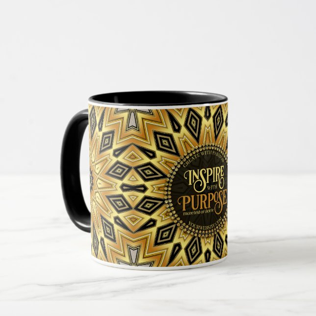 Caneca Mandala Art Déco Laranja Preto Amarelo (Frente Esquerda)