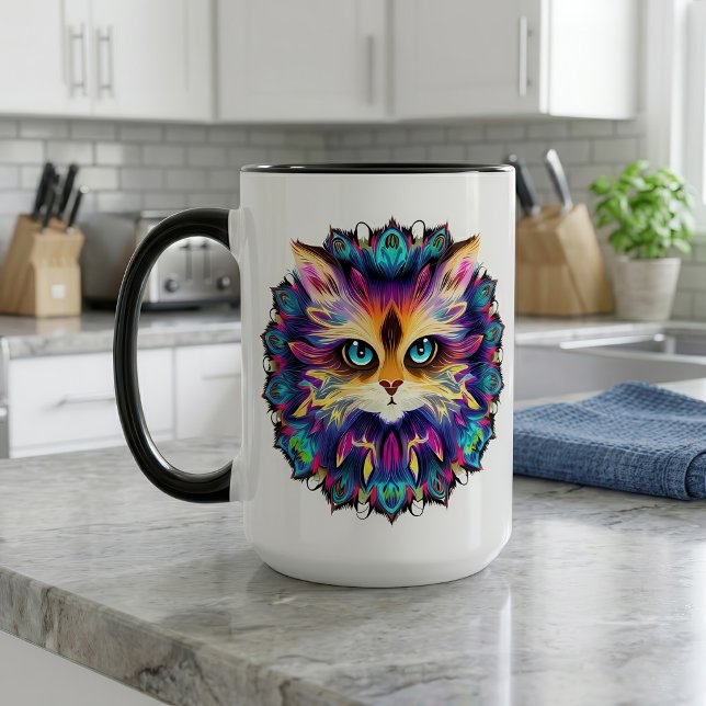 Caneca Mandala com retrato de gato fofo e peludo (Mandala with cute furry Cat portrait. Mug)