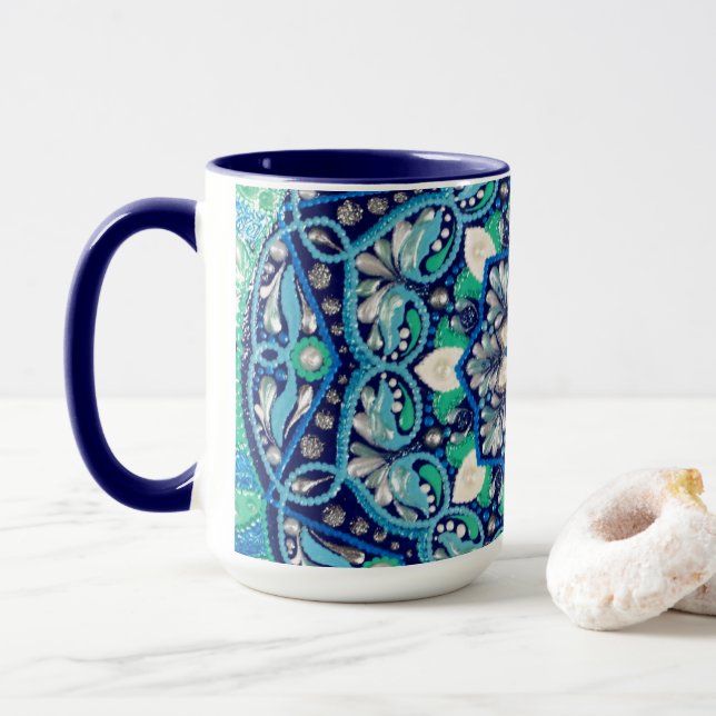 Caneca Mandala de arte de pontos azuis (Com Donut)