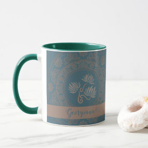 Caneca Mandala de Ponto de Lótus Rococó Teal Dourado Pers