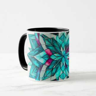 Caneca Mandala Floral em Aquarela Azul, Turquesa e Rosa