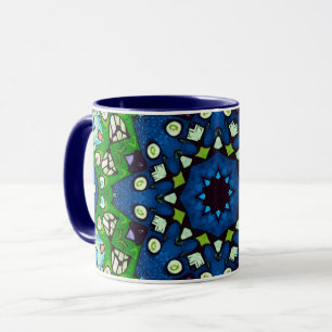 Caneca Mandala Mosaico Geométrico Verdinho Azul Retroativ